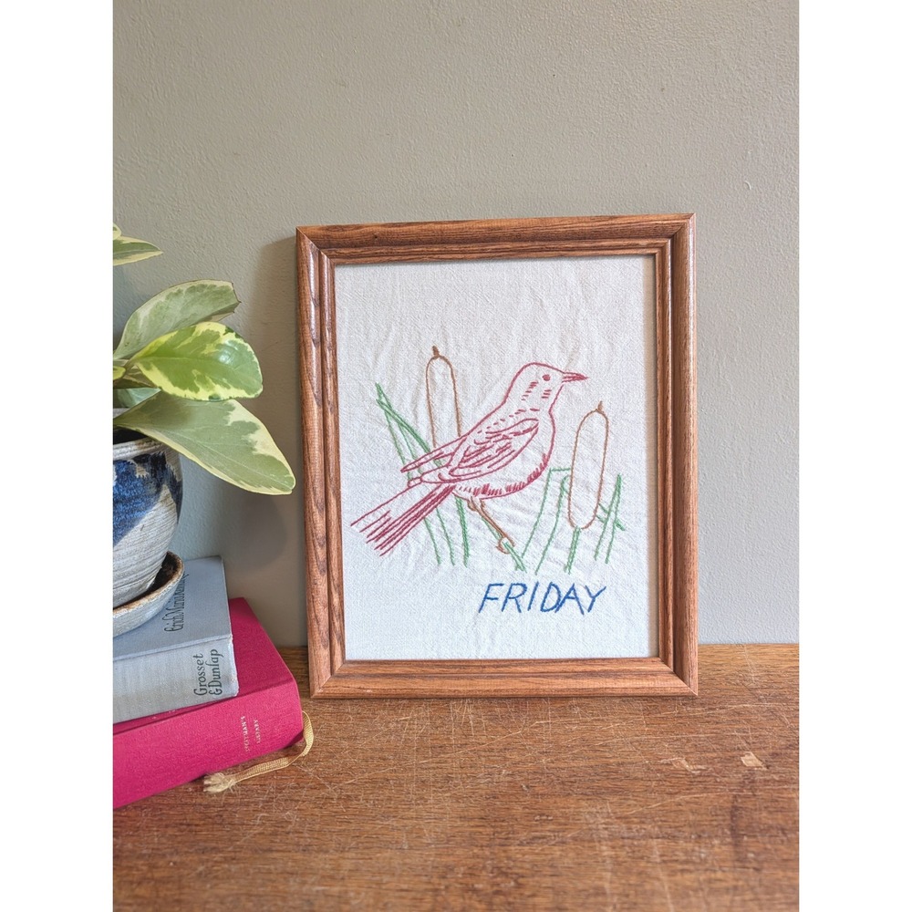 Vintage Hand Embroidered Bird Friday Art Framed Red Bird Cattails Wood Frame